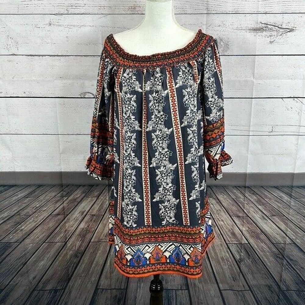 Chelsea Violet Dress‎ Womens Medium Blue Printed Off Shoulder Boho Festival